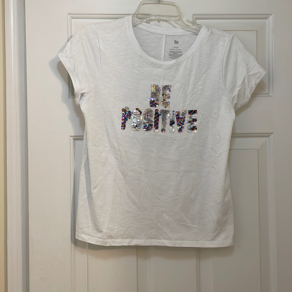 Girls rainbow Sequin Flip tee. “Be Positive”.